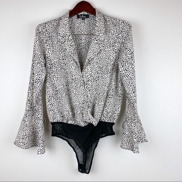 Lulu's Always Lovely Ivory and Black Print Long Sleeve Bodysuit Size S - Picture 3 of 13